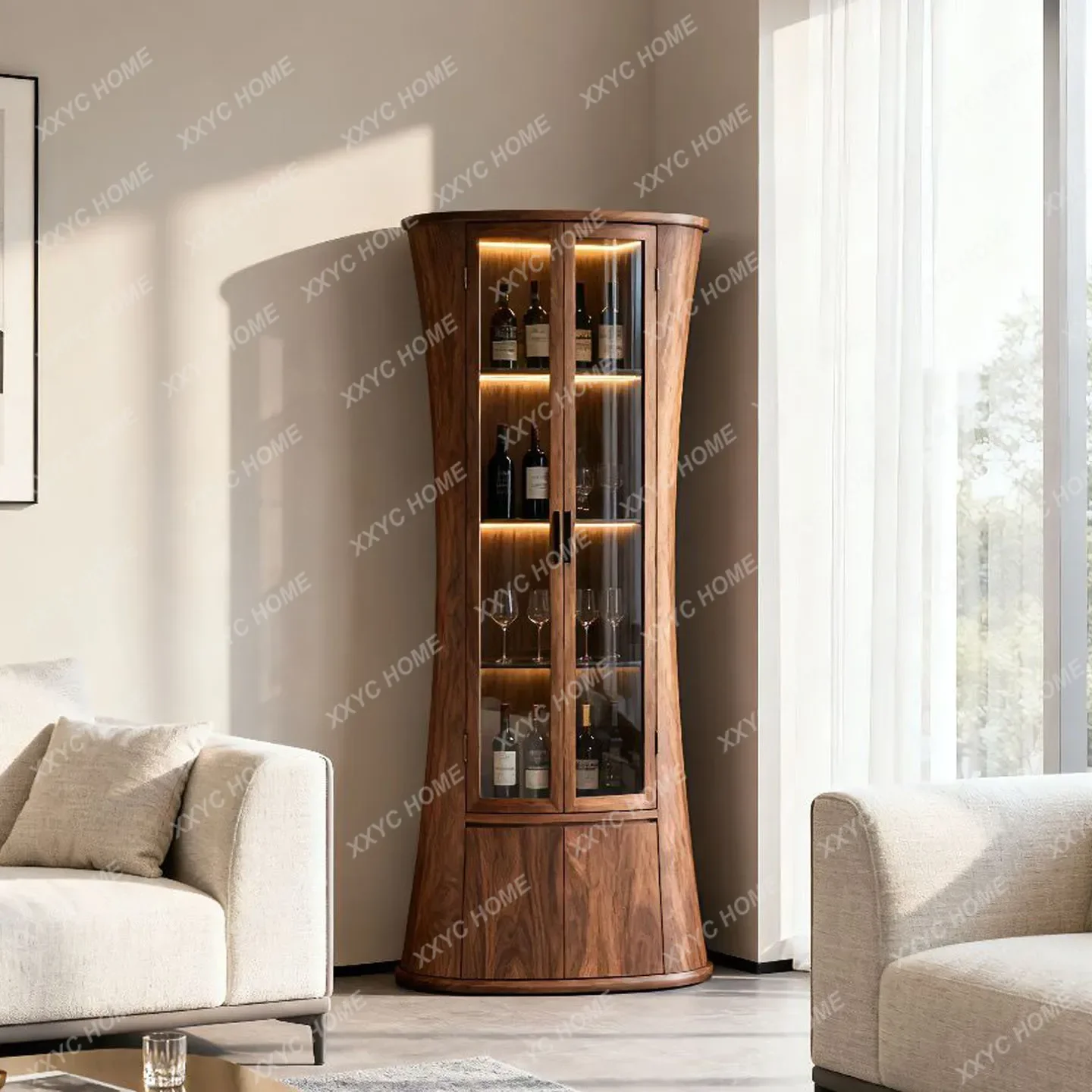 

VHMinimalist Black Walnut Wine Cabinet Display Cabinet Living Room Solid Wood Glass Side Cabinet