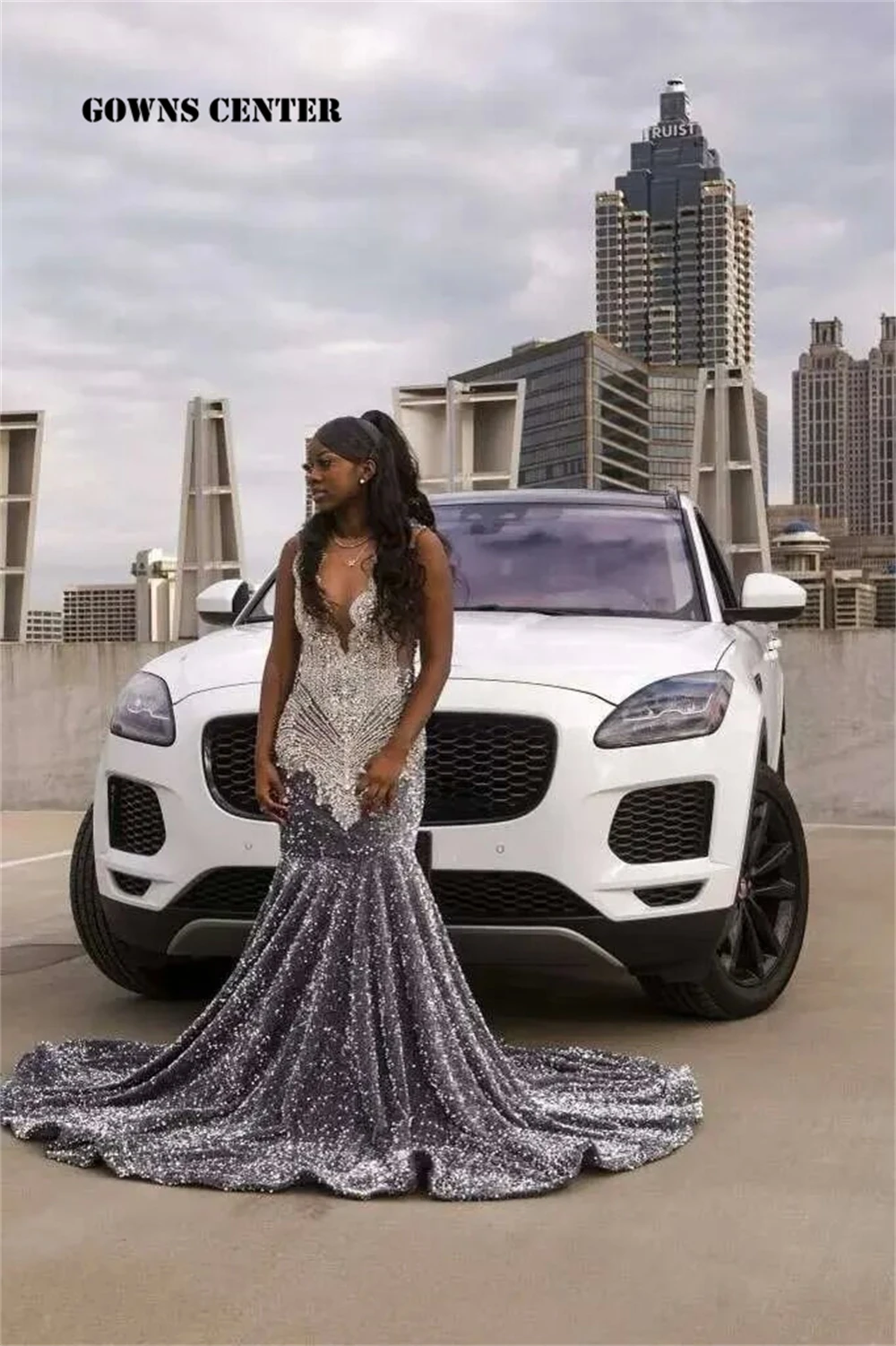 

Luxurious Grey Velvet Sequin Silver Crystal Luxury Prom Dresses Black Girls Baddie Dress For Birthday African Customized