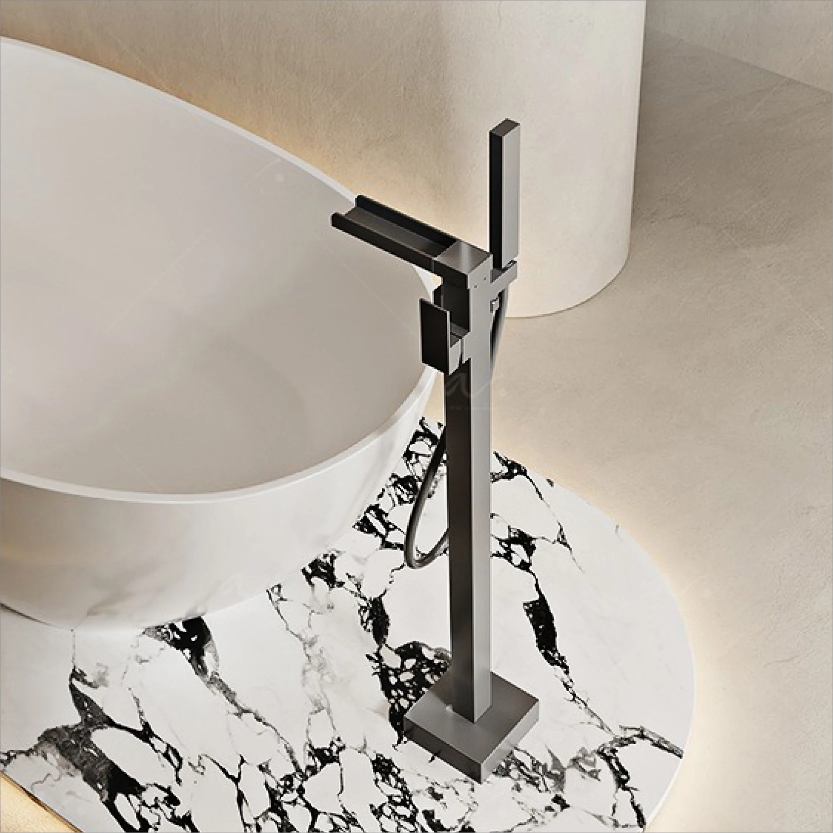 AITANA luxury black brass floor standing bathroom faucet with waterfall water outlet design, hot and cold bathtub Mixer