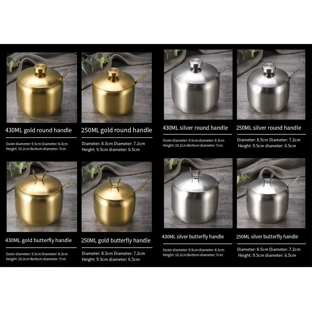 Useful Stainless Steel Sugar Bowl with Spoon Lid Gold Silver Storage Jar Durable Large Capacity Seasoning Pot Salt