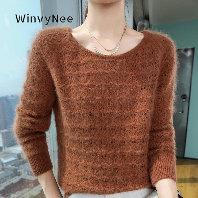 WinvyNee Women Mink Velvet Jumper Hollow Knit Crew Neck Raglan Sleeve Brushed Fabric Loose Soft Touch Casual Chic Wear ZA1248033