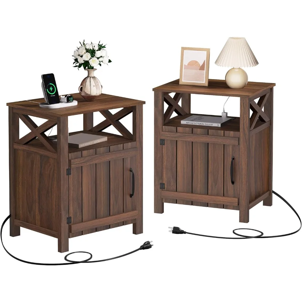 

Farmhouse Nightstand Set of 2 with Charging Station, Brown, Side Table, End Table with Barn Door & Shelf, Rustic, for Bedroom, L