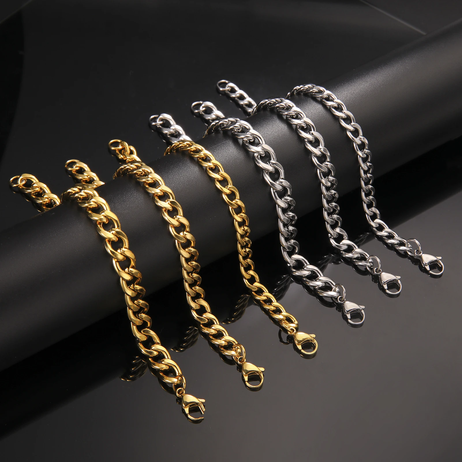 Skyrim 3-10mm Wide Punk Cuban Chain Bracelet Men Women Stainless Steel Gold Color Minimalist Basic Figaro Chain Jewelry Gift