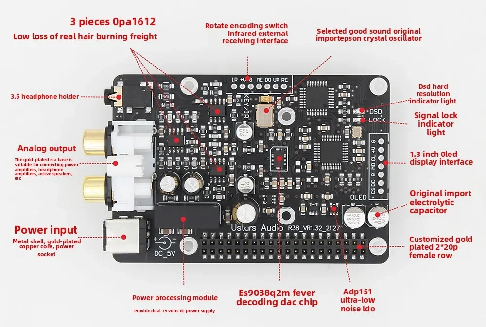 For Raspberry Pi Expansion Board ,R38h DAC Decoder Board 4B 3B IIS 768KHz DSD512 Hard Solution