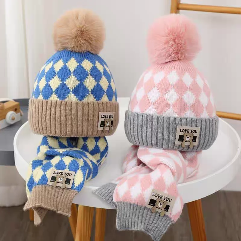 New children's hat set autumn and winter ear protection woolen cap warm girls knitted baby scarf two-piece set