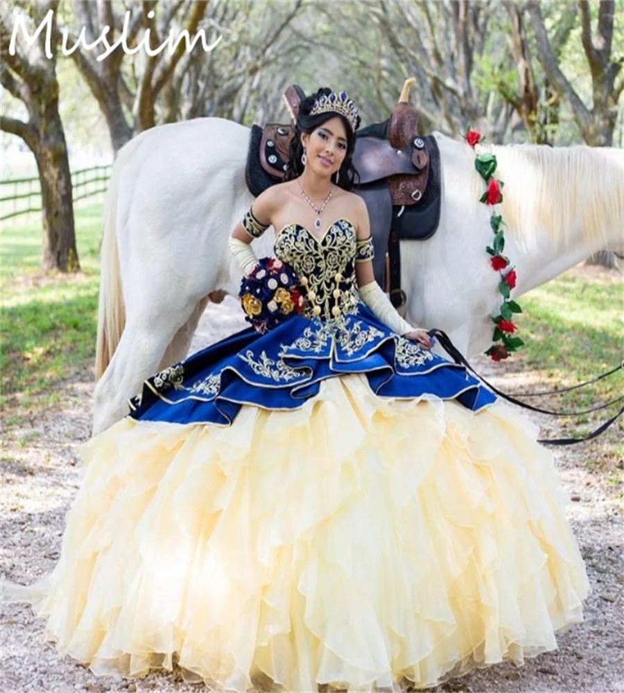 Charro Navy Blue Gold Quinceanera Dresses Mexican Embroidery Organza Ruffles Birthday Party Vestidos De 15 Años Customized