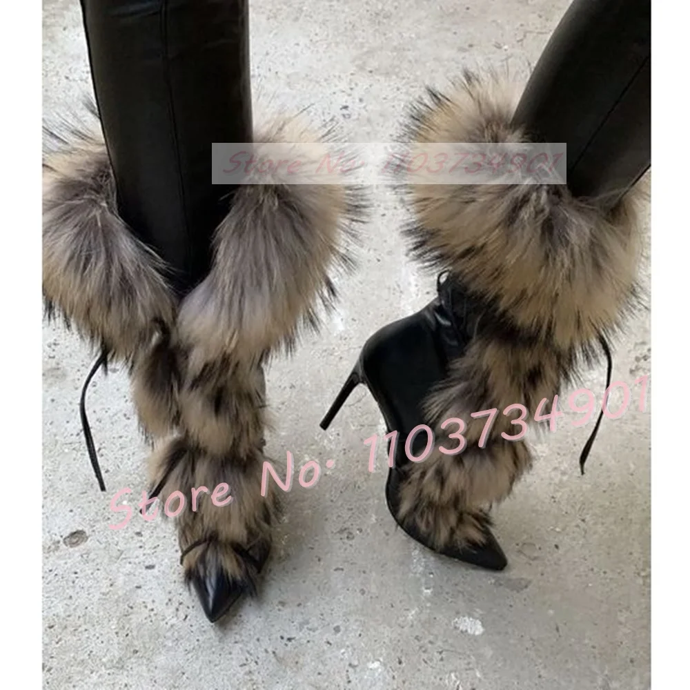 Furry Snake Strap Boots Women Elegant Slip On Pointy Toe Mid Calf Thin High Heels Shoes Female Sexy Fashion Patent Leather Boots