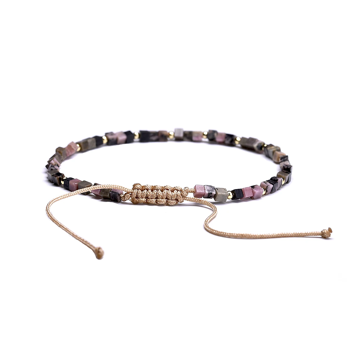 Friendship Natrual Rhodonite Small Square Beads Handmade Woven Bracelets Adjustable Yoga jewelry 2mm Copper plated with 18k gold