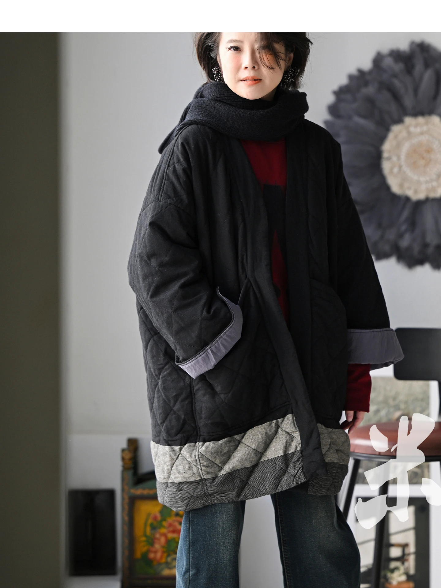 

Artistic Casual Cotton Jaet Women's Mid-Length V-Ne Patchwork Diamond Stitching Linen Buttonl Coat Spring Faion