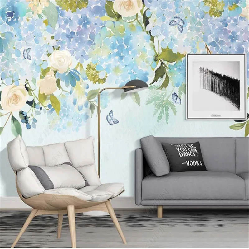 

Nordic Hand-painted Small Fresh Blue Enchanting Flower Wallpaper for Living Room Indoor Background Wall Papers Home Decor Mural