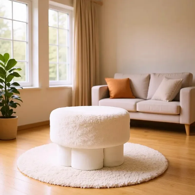 Plush Lamb Wool Mushroom Stool Low Round Ottoman for Entryway Shoe Changing Living Room Kids Makeup Seat Small Footrest