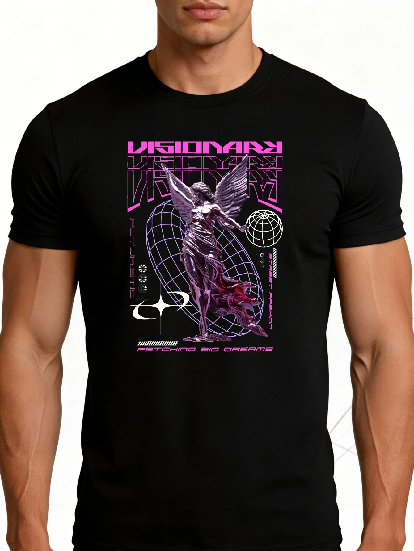 Retro Futuristic Men's T-Shirt with Angel and Earth Design, Summer Wear, Fashionable Gift Choice