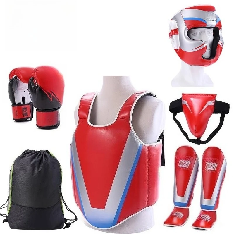 protective gear set Boxing Sanda full body six-piece set Martial arts chest protection head protection protective gear fighting
