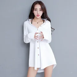 Vintage Women's Shirt BF Sexy White Shirt Women Korean Style Elegant Blouses Chic Woman Tops Clothes New Loose Mid-length Shirt