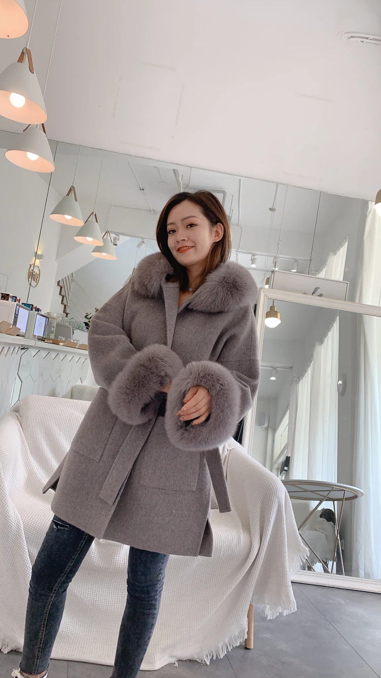 FURYOUME Real Fur Coat for Women Oversize Jacket Loose Cashmere Wool Blends Natural Fox Fur Hood Outerwear with Belt Winter