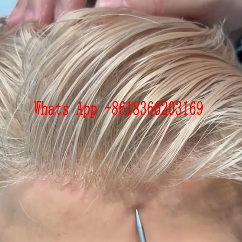 Прочная натуральная линия волос # 60R Patinum Blonde 0,04 мм Супер тонкая кожа Основа Vlooped Человеческие волосы Мужской парик Протез Капиллярный