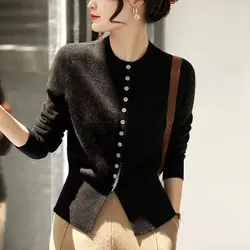 TuangBiang Autumn Spring 2023 Elegant Women O-Neck Cotton Cardigan Coat Single-Breasted Long Sleeves Comfortable Knit Khaki Tops