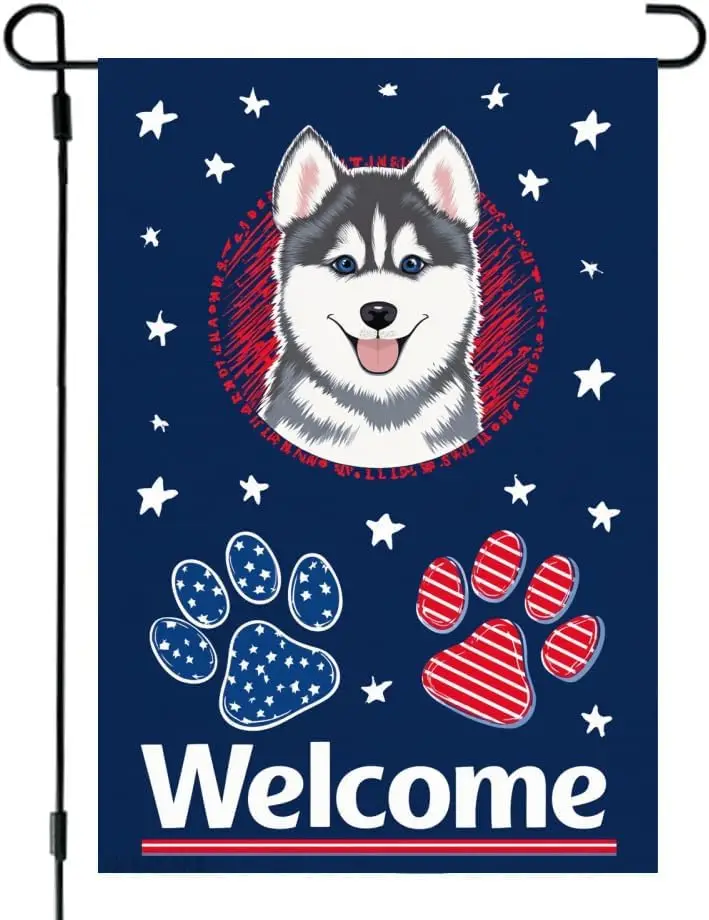 4th of July Husky Paw Print Patriotic Small Decorative Garden Flag Stripes Dark Blue Yard Lawn Outside Decor American Outdoo yyi