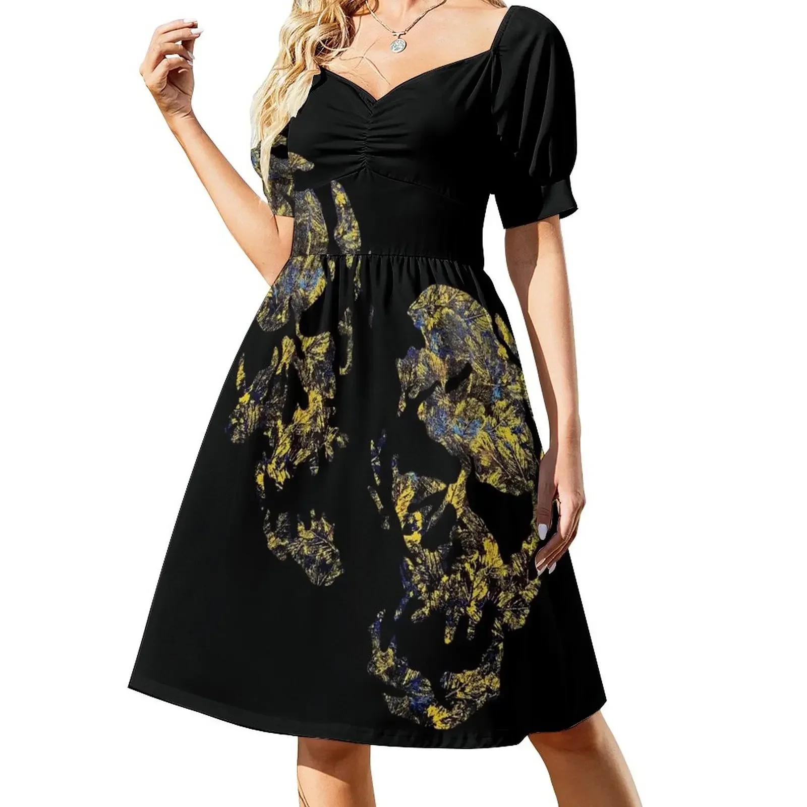 

Golden leaves in darkest skies abstract skulls Sleeveless Dress Dance dresses summer women's suit Dress