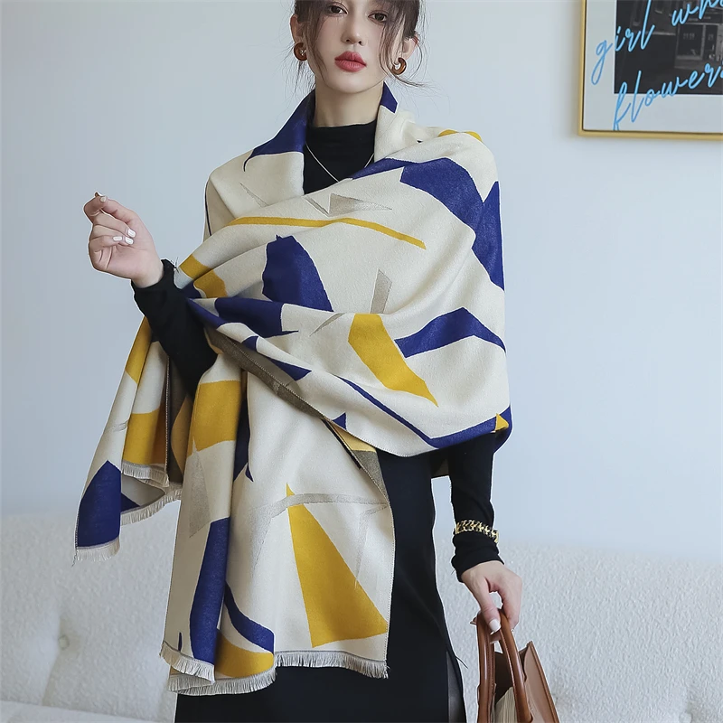 2022 Warm Blanket Winter Scarf for Women New Fashion Geometric Print Cashmere Pashmina Shawl Wrap Female Thick Blanket Stoles