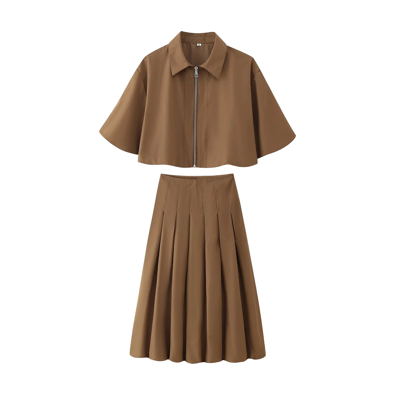 Dames herfst nieuwe korte rits jas korte mouwen top hoog getailleerde geplooide lantaarn bloemknop halve rok set