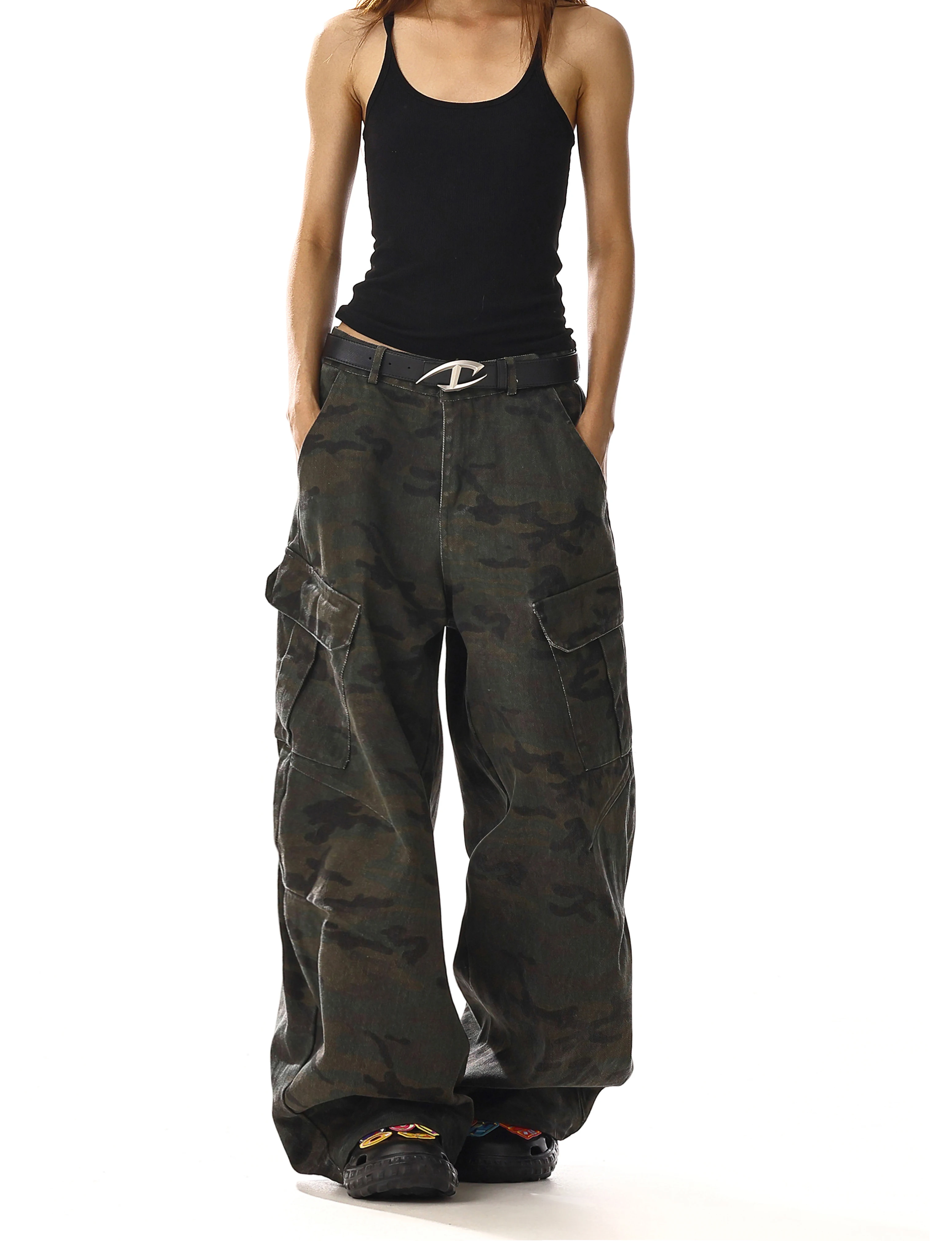 بنطلون جينز نسائي أخضر عسكري عالي الخصر عتيق مستقيم فضفاض Y2K من قماش الدنيم الهيب هوب موضة أمريكية بنطال دينم واسع الساق #3