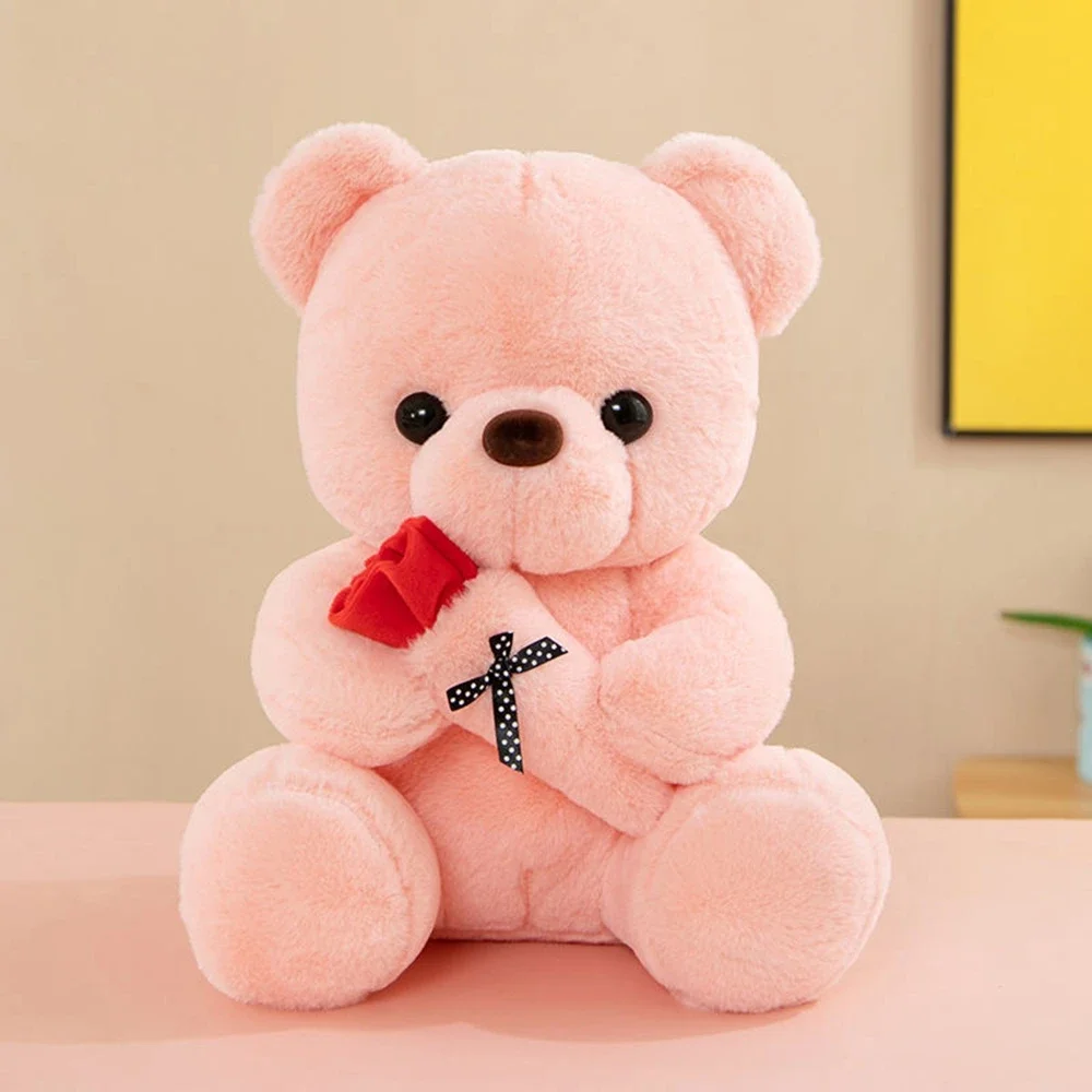 25CM Lover Rose Teddy Bear Holding Flowers Solid Color Super Soft Bear Doll Sent Lover Friend Birthday Festival Wedding Gift