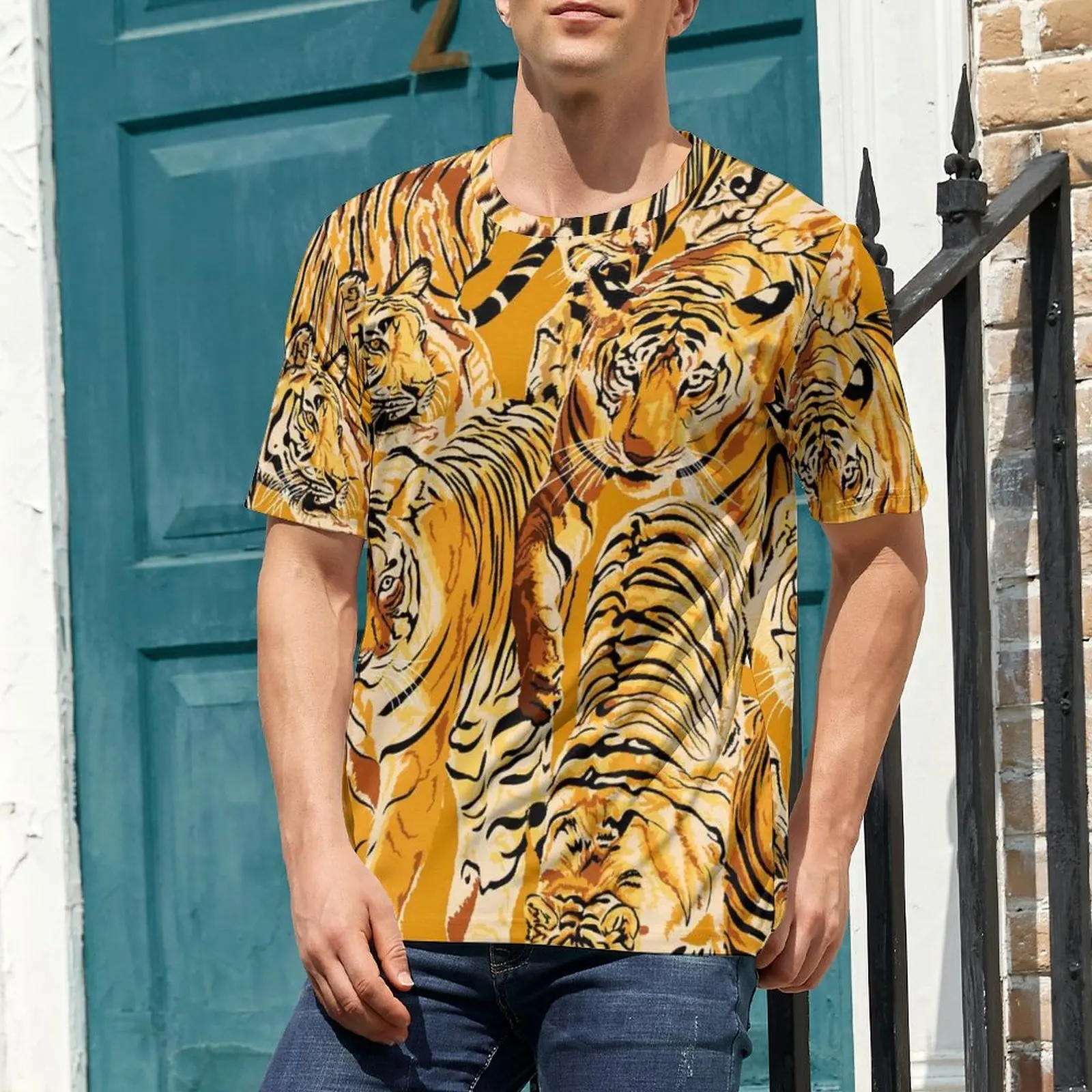 Male Many Tigers T Shirt Wild Animals Pattern Vintage T-Shirts Short Sleeves Graphic Tops Cheap Summer Basic Oversize Clothes