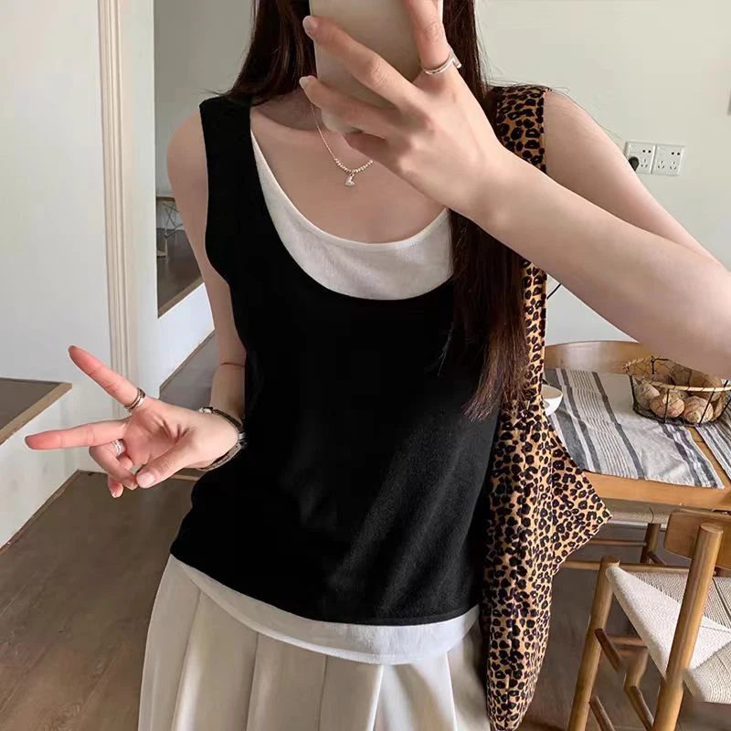 Summer Solid Color Design Contrast Color Fake Two-Piece Large U-Neck Camisole