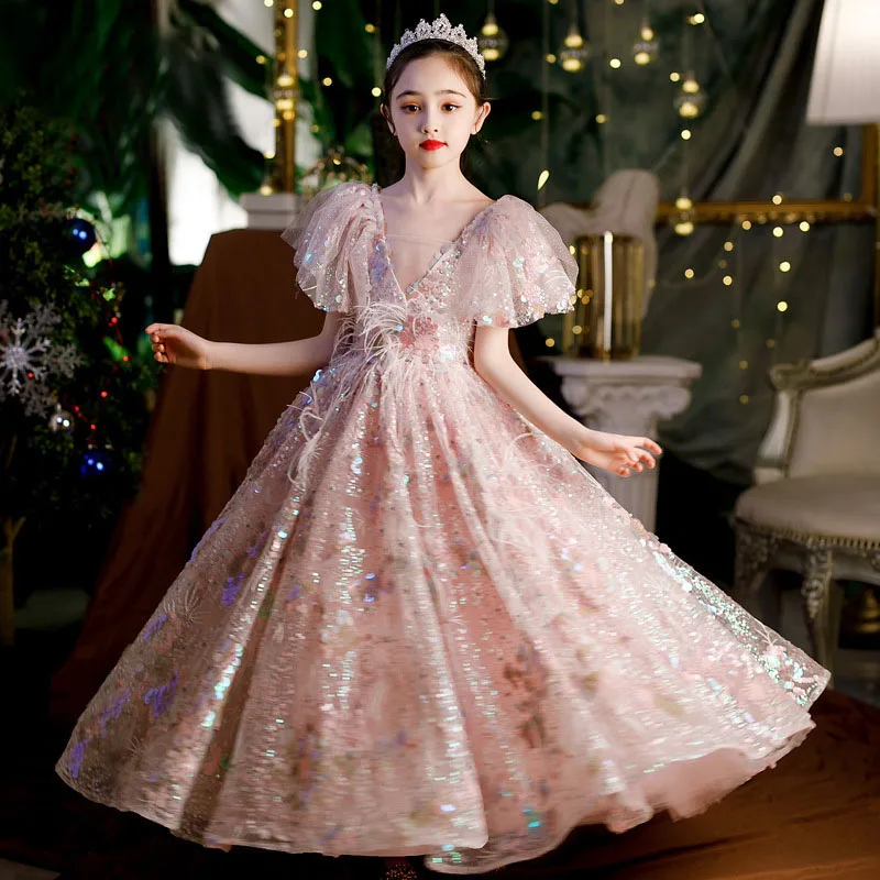 Hot Selling Designer Kids Clothes Teenagers Nightgown Children Wedding Ball Gowns Sequined Flower Girls Long Dress