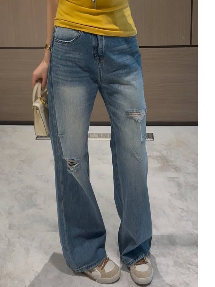 

Rebellious Cool Denim Jeans Women's Thin Loose Straight Leg Pants American Style Casual Natural Waist Hole Design Spring 2026