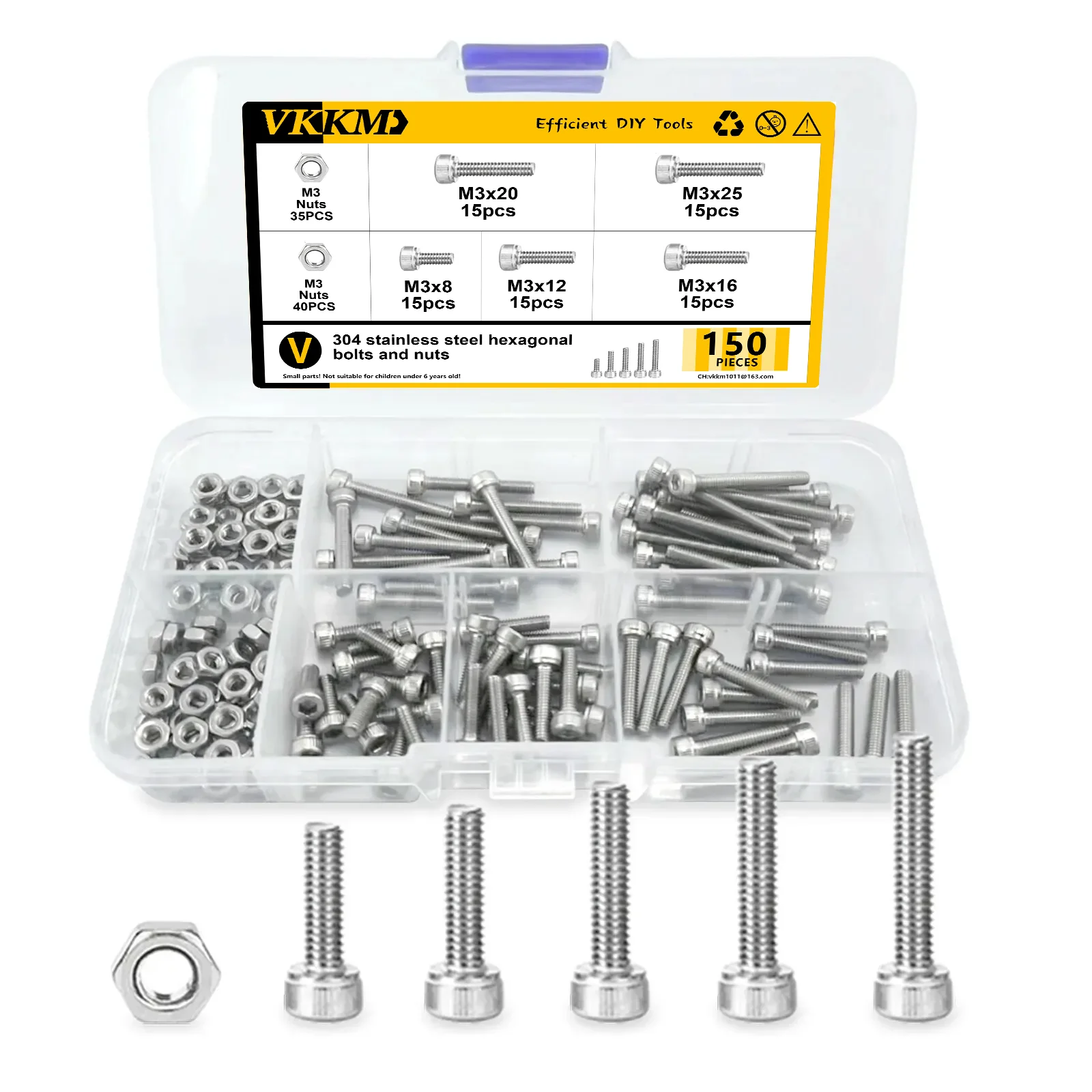 

VKKM 150PcsM3 Комбинация гаек с шестигранной головкой и цилиндрической головкой, подходит для домашнего и обслуживания электрооборудования.