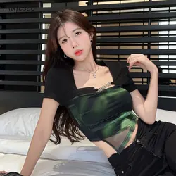 Irregular T-shirts Women Gradient Slim Summer Chic Hotsweet Chain Designed Streetwear Crop Tops Sexy Clubwear New Square Collar