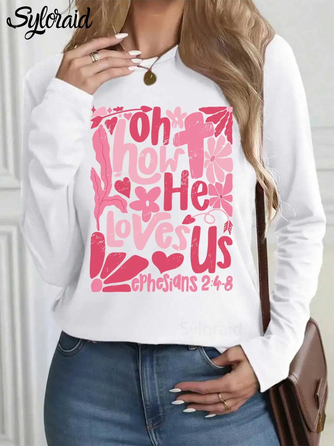 여성용 긴 소매 티셔츠 '오, 그는 얼마나 사랑하는지' 기독교 발렌타인 프린트 티셔츠 패션 라운드 넥 캐주얼 탑