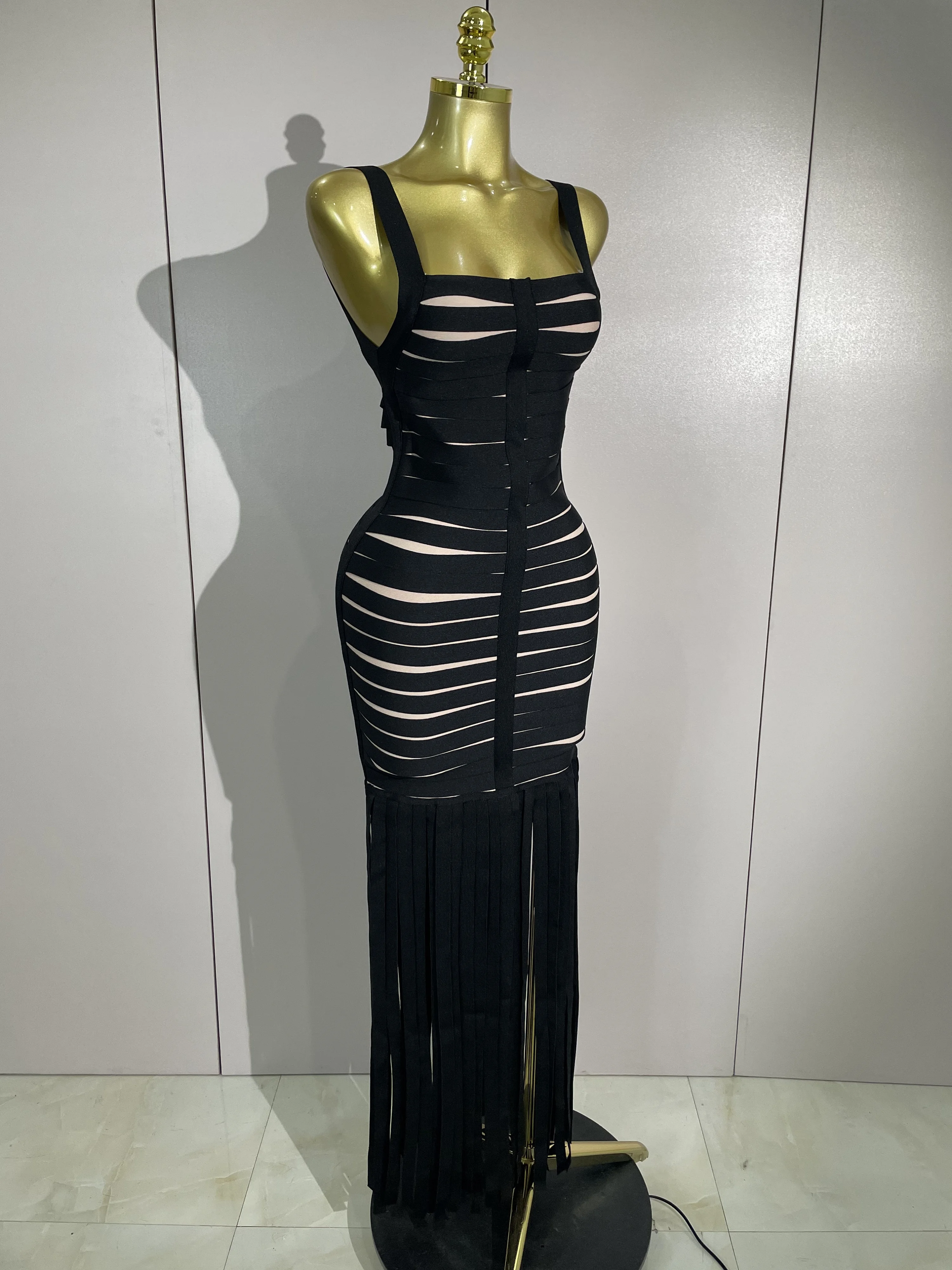 Alta qualidade preto halter quadrado pescoço borla bandage vestido elegante feminino festa de noite baile de aniversário moda clube cocktail vestido