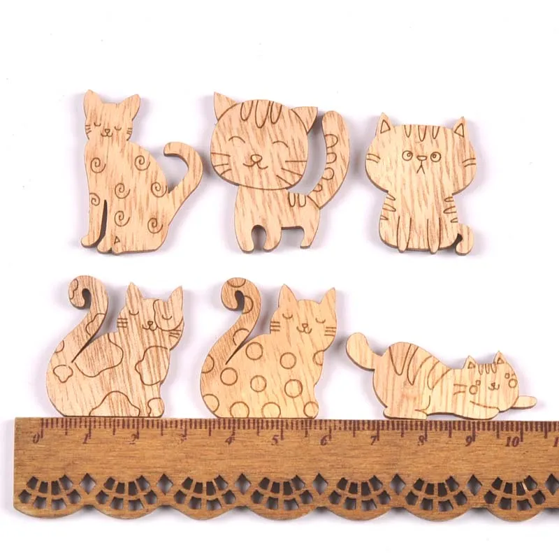 25pcs 2.5-3.5cm Cat Pattern Natural Wooden Chips Scrapbooking Carft for Home Decoration Diy Embellishments cp3423