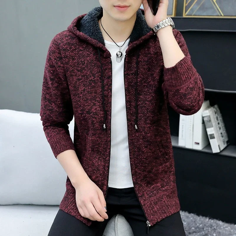

Корейский стиль с капюшоном для мужчин, осень-зима, утепленный вязаный воротник на флисовой подкладке на молнии, модный свитер, кардиган, куртка, молодежная куртка