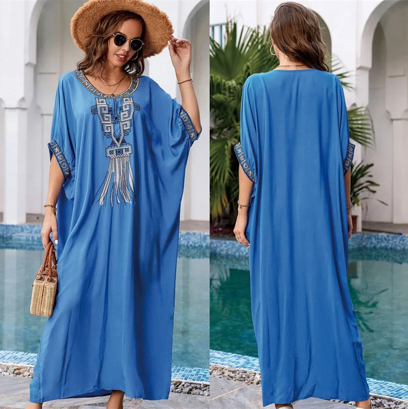 Loose Blue Boho Print Kaftan Beach Tunic Beach Cover Up Saida De Praia Swimsuit Women Bikini Cover Up Pareo Sarong Beachwear