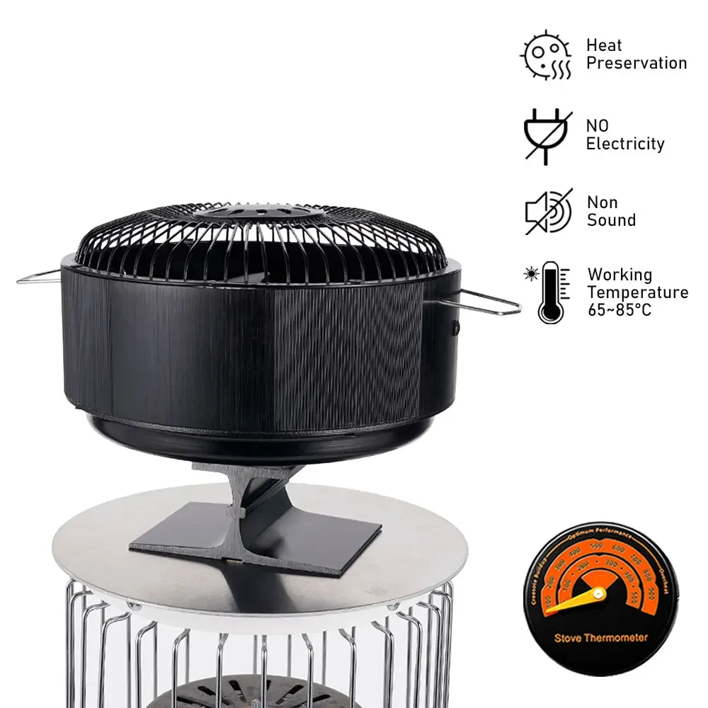 Ventilador de chimenea de pie libre, 5 aspas, negro, alimentado por calor, estufa, quemador de leña, Eco silencioso, distribución eficiente del