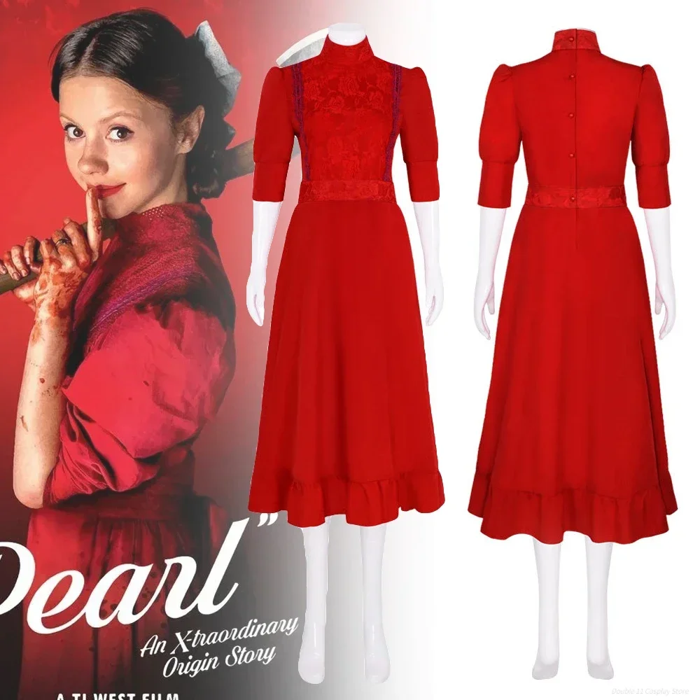 

New Horror Movie Pearl Cosplay Costume Adult Women Red Dress Medieval Vintage Lace Sexy Dress Uniform Halloween Clothes Outfit