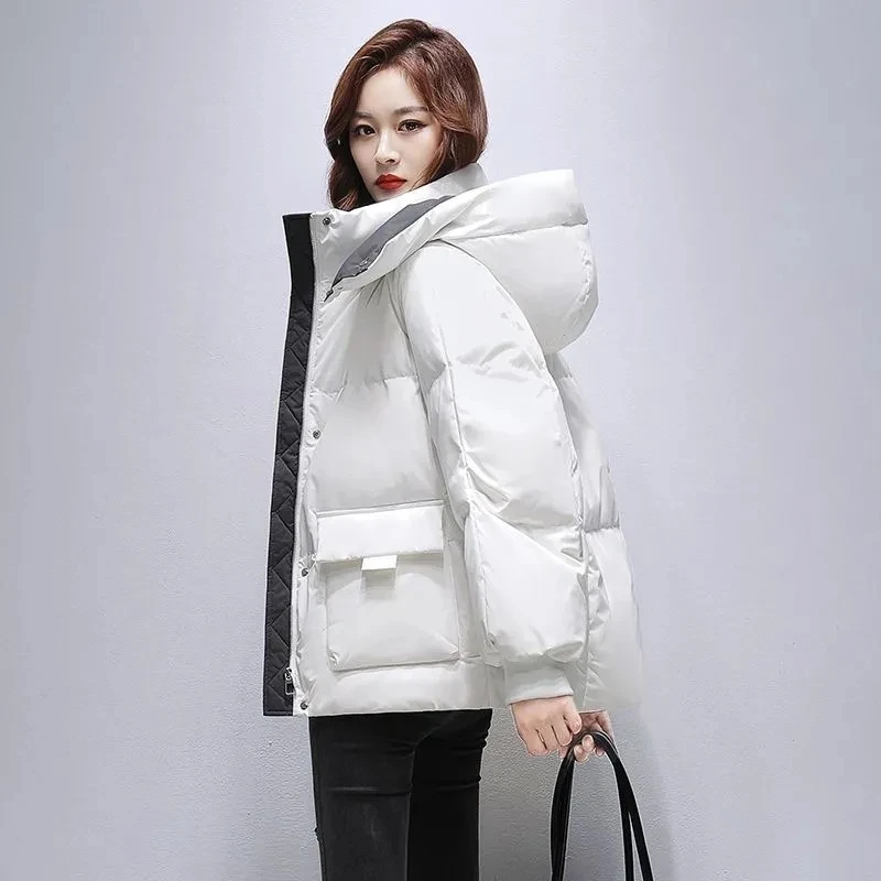 Winter Down Jacket 2024 New Short White Duck Down Coat Women\'s Solid Hooded Jackets Loose Warm Female Outwear Casual Clothing