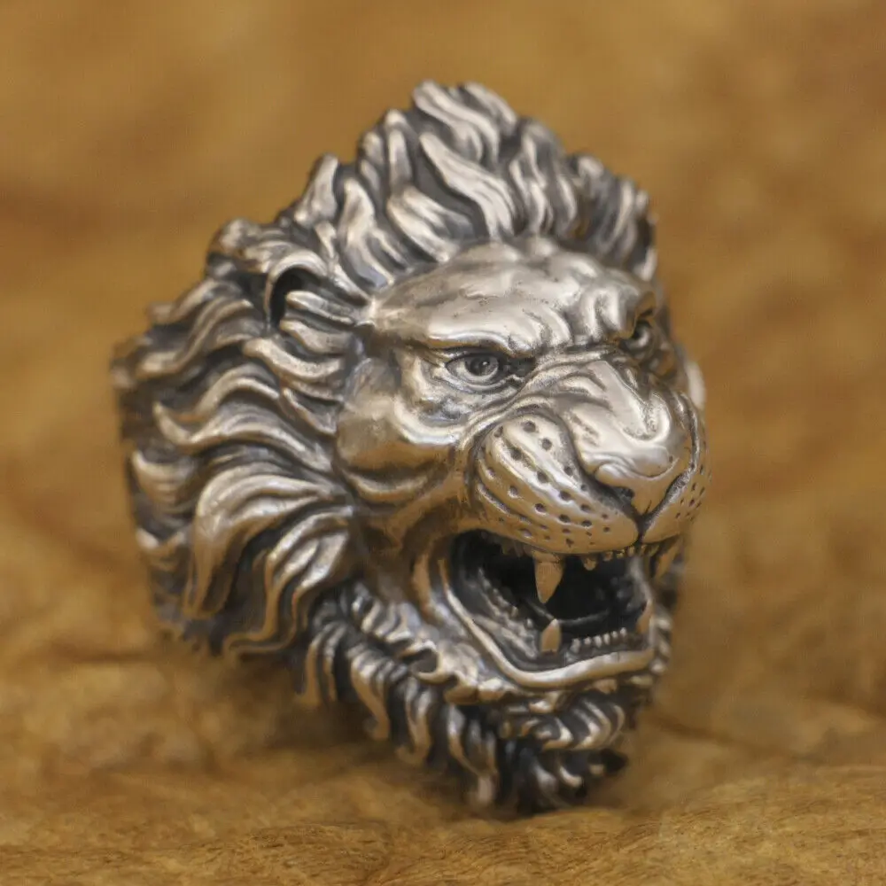 LINSION 925 Sterling Silver Roaring Lion Ring Mens Punk Ring TA385 US Size 7~16