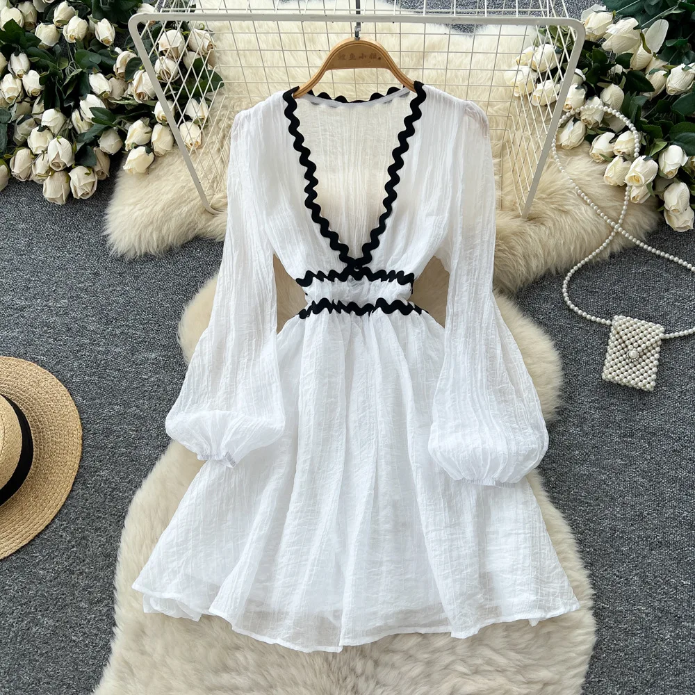 Vestido de mujer Vestidos de longitud media una línea Vestidos Y2k ropa de calle cuello en V profundo manga linterna elegante ajustado fiesta noche otoño