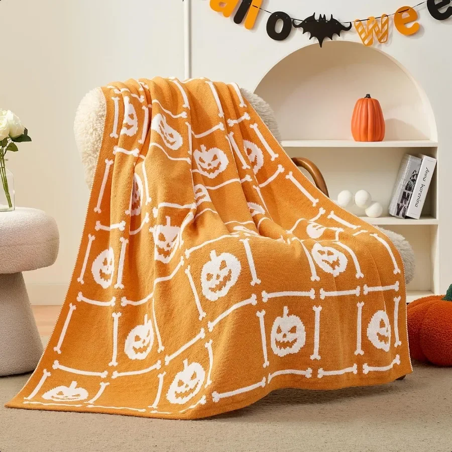 

Halloween Throw Blanket for Couch Reversible Pattern Pumpkin Skull Themed Chenille Knit Stitch Pattern Soft Cozy for Bed Home D