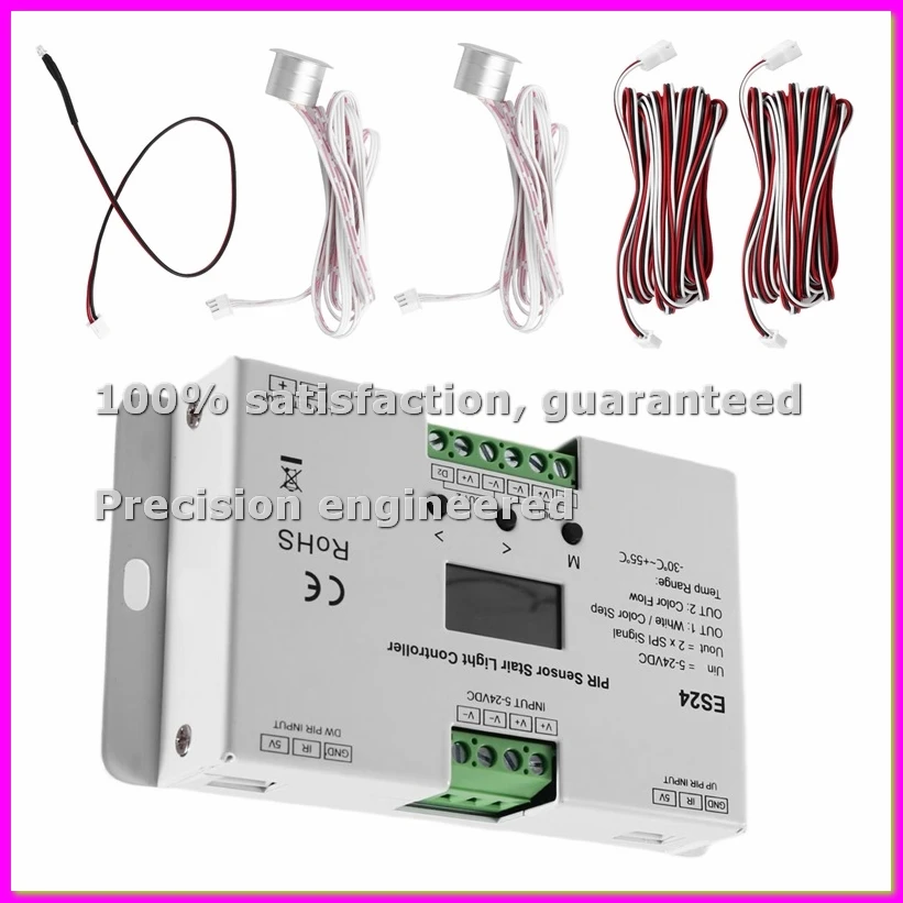 

5-24VDC PIR Sensor 24 Steps Stair Light Controller ES24 24CH Single Color RGB Pixel SPI Stairway Light Led Controller-BCBW