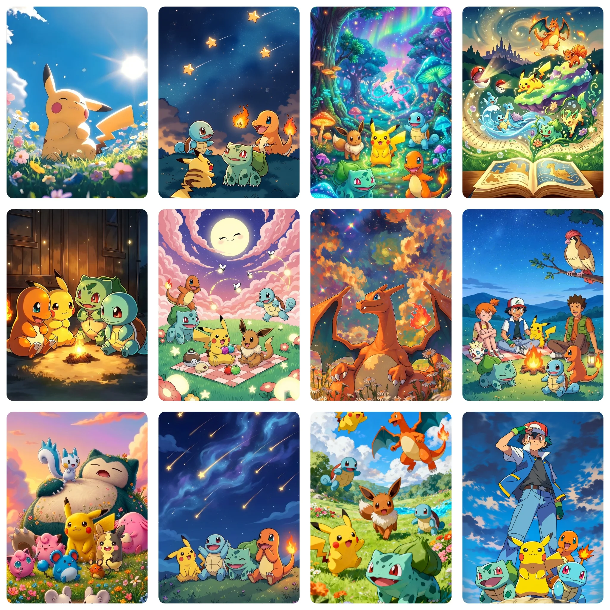 Pintura de Diamantes DIY de Pokémon Anime, Escena de Fantasía con Cielo Est
