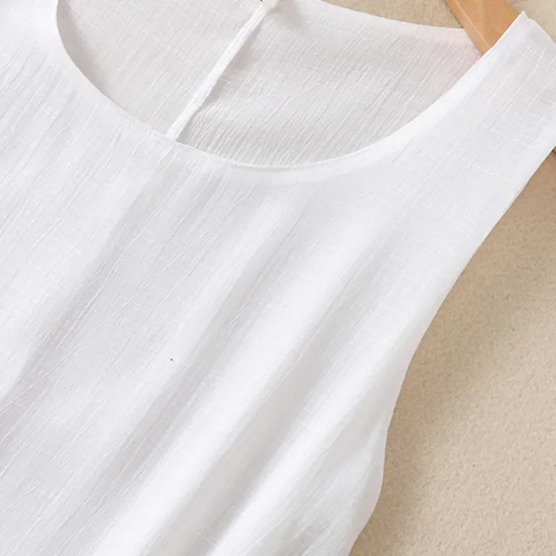 Vestido midi sexy de camada dupla com gola redonda, sem mangas, algodão, linho, linha A, fino, sexy, vintage # 6513 Vestido regata branco de verão