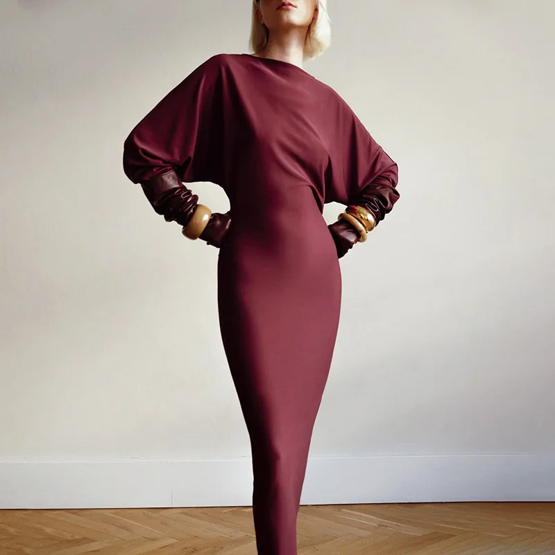 

2025 осенне-зимнее женское осеннее новое модное элегантное однотонное свободное платье с длинными рукавами и лямкой на шее