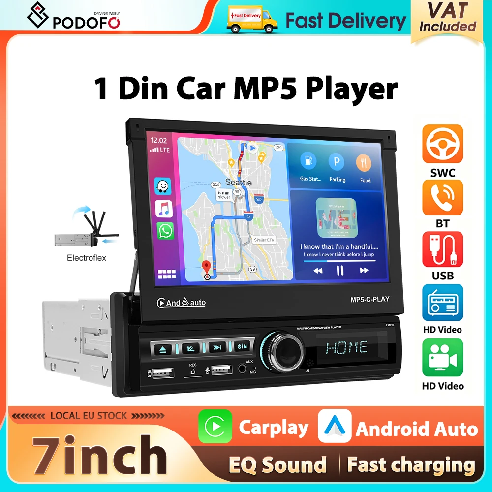 Podofo 7'' Automatisch Ausfahrbarer Bildschirm Autoradio Kabelloses Carplay Android Auto 1Din MP5-Player Bluetooth FM/RDS EQ-Sound USB-Multimedia-Player