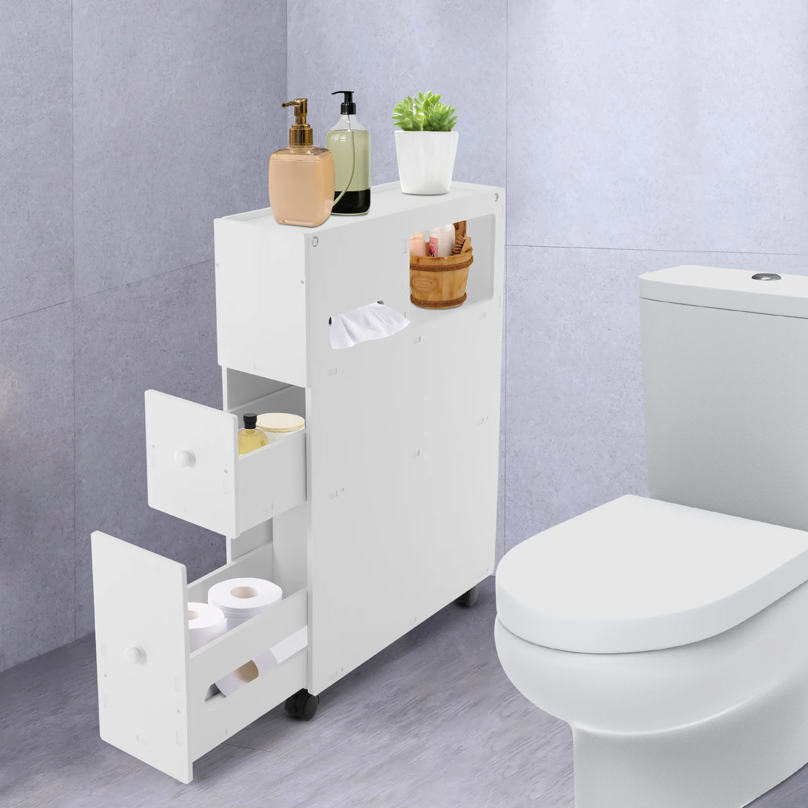 Toilet Side Cabinet Bathroom Narrow Storage Organizer Narrow Floor Storage Cabinet  Movable Floor Standing Shelf with Drawers